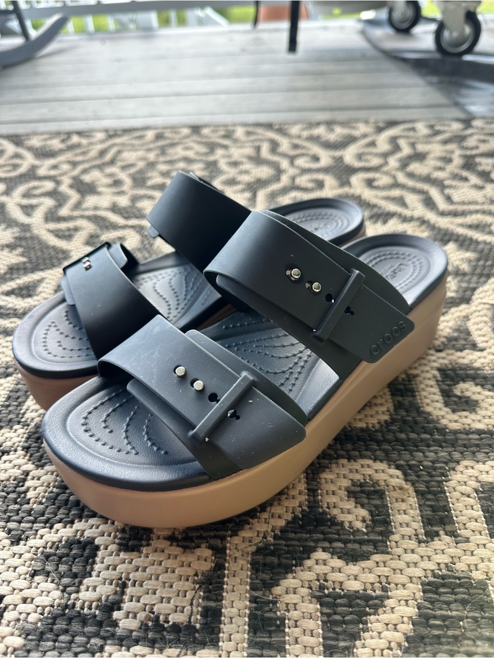 CROCS Dual-Strap Platform Slide Sandal in Black and Tan size 8